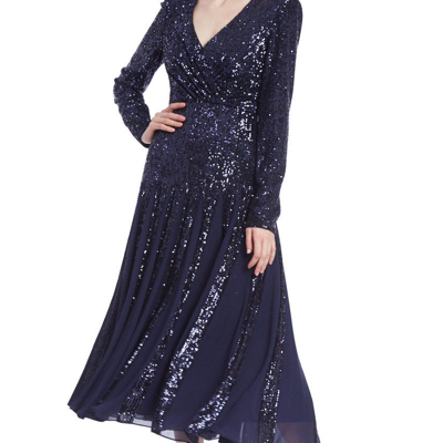 Shop Badgley Mischka Long-sleeved Sequined Godet Dress In Blue