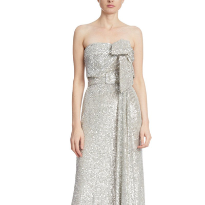 Shop Badgley Mischka Strapless Metallic Sequined Gown With Bow In Grey