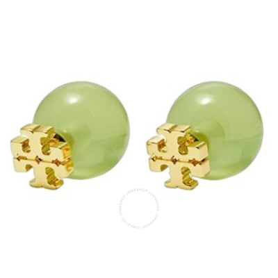 Shop Tory Burch Ladies Tory Silver/green Resin Logo Earrings In Tory Gold / Green