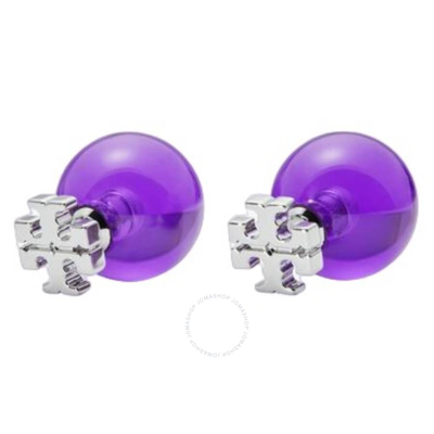 Shop Tory Burch Ladies Tory Silver/purple Resin Logo Earrings In Tory Silver / Purple