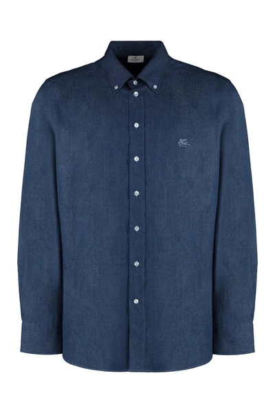 Shop Etro Button-down Collar Cotton Shirt In Blue