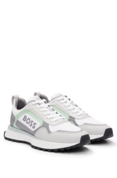 Shop Hugo Boss Mixed-material Lace-up Trainers With Faux Leather In White