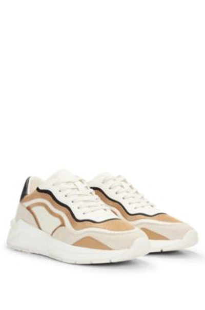Shop Hugo Boss Mixed-material Lace-up Trainers With Embroidered Mesh In Light Beige