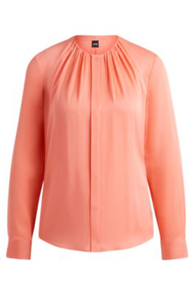 Shop Hugo Boss Ruched-neck Blouse In Stretch-silk Crepe De Chine In Light Purple