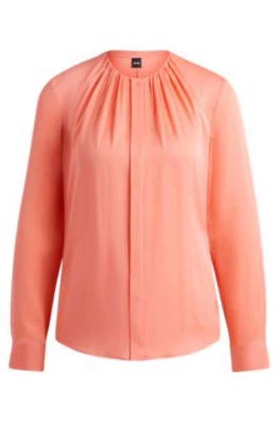Hugo Boss Ruched-neck Blouse In Stretch-silk Crepe De Chine In Light Purple