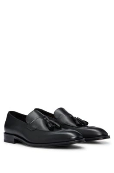 Shop Hugo Boss Leather Loafers With Tassel Trim In Black