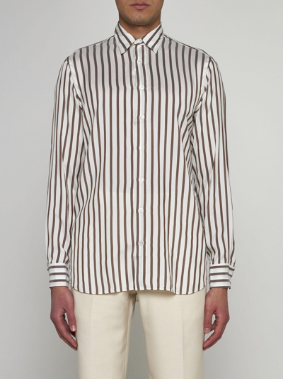 Shop Lardini Pinstriped Silk Shirt In Beige/grigio