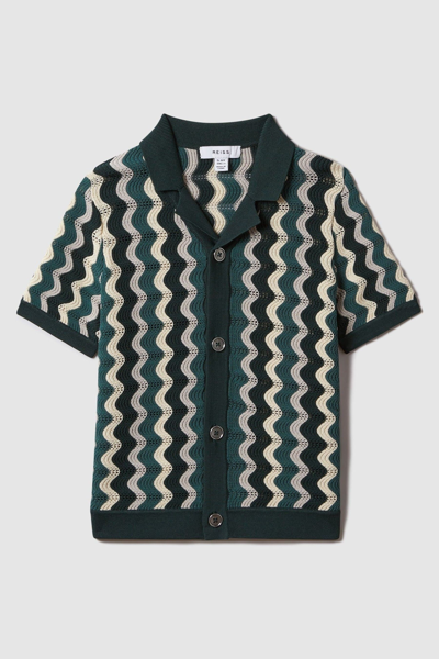 Reiss Waves - Green Multi Knitted Cuban Collar Shirt, Uk 13-14 Yrs In Green Multi