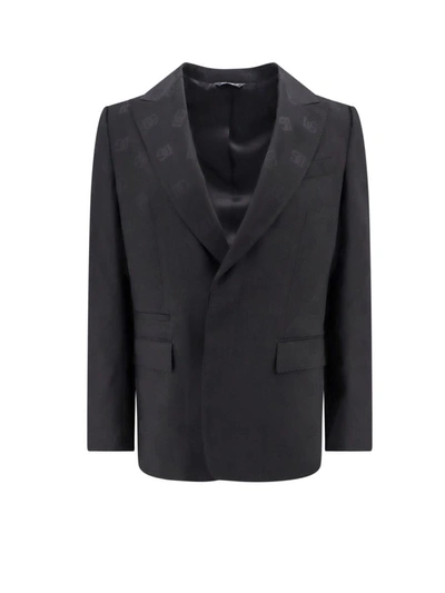 Dolce & Gabbana Wool Blazer With All-over Monogram In Black