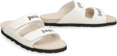 Shop Palm Angels Leather Slides With Logo In White