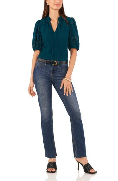 Vince Camuto Floral Sleeve Tie Neck Blouse In Deep Emerald