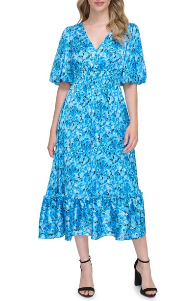 Shop Kensie Floral Puff Sleeve Midi Dress In Blue Multi