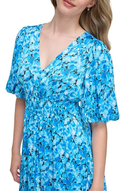 Shop Kensie Floral Puff Sleeve Midi Dress In Blue Multi