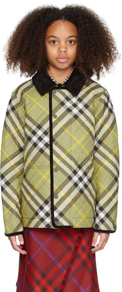 Shop Burberry Kids Green Quilted Jacket In Artichoke Ip Chk