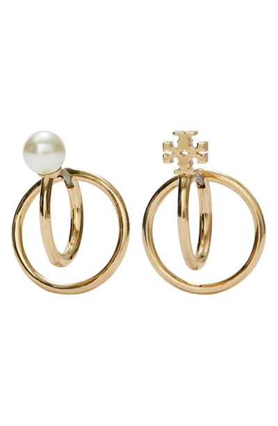 Shop Tory Burch Kira Logo & Imitation Pearl Mismatched Double Hoop Earrings In Tory Gold / Cream