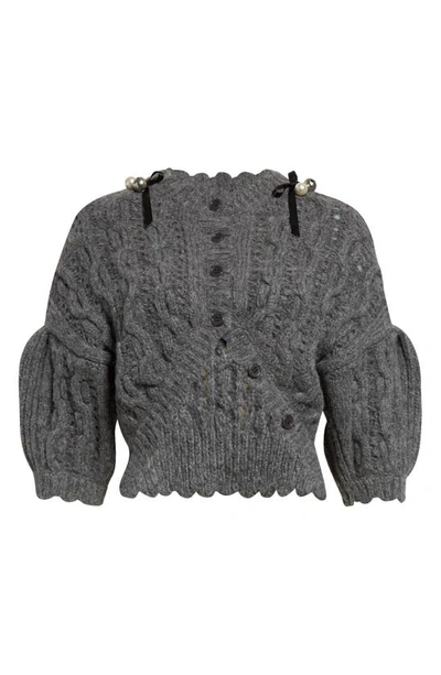 Shop Simone Rocha Bell Charm Lace Stitch Baby Alpaca & Merino Wool Blend Crop Cardigan In Grey/ Pearl/ Silver