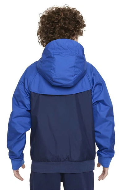 Shop Nike Kids' Windrunner Water Repellent Hooded Jacket In Game Royal/ Mid Navy/ White