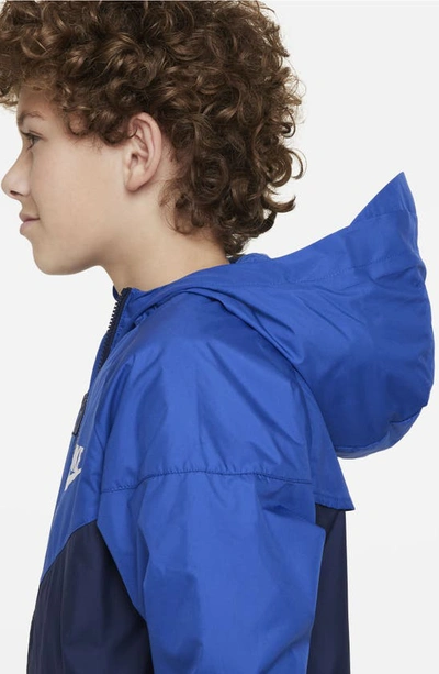 Shop Nike Kids' Windrunner Water Repellent Hooded Jacket In Game Royal/ Mid Navy/ White
