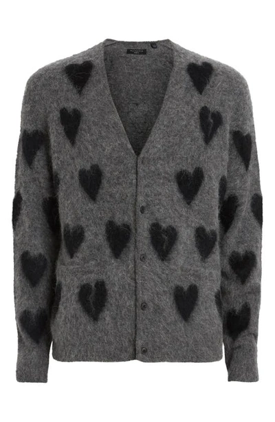 Shop Allsaints Amore Fuzzy Heart Cardigan In Grey/ Black