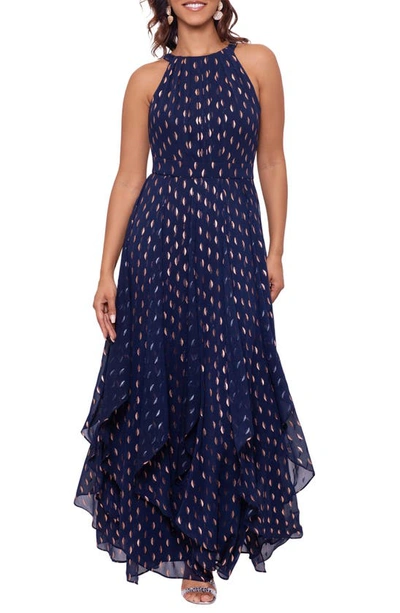 Shop Betsy & Adam Metallic Layered Ruffle Sleeveless Gown In Navy/ Copper