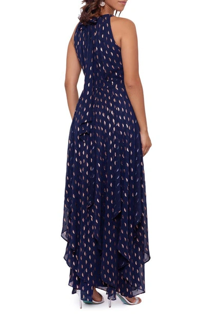 Shop Betsy & Adam Metallic Layered Ruffle Sleeveless Gown In Navy/ Copper
