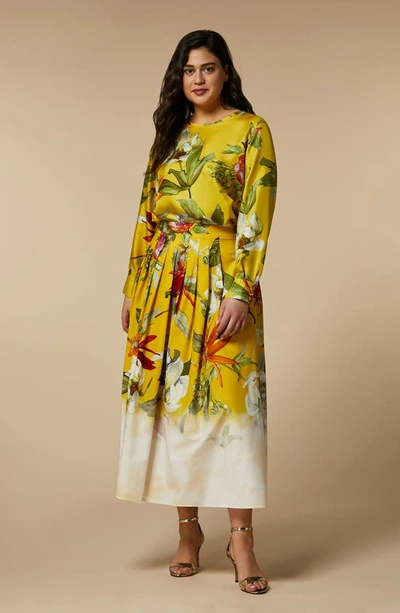 Shop Marina Rinaldi Abaco Placed Floral Print Cotton Skirt In Lemon Big