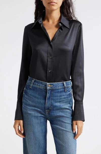 Shop Ramy Brook Victoria Stretch Silk Satin Button-up Blouse In Black