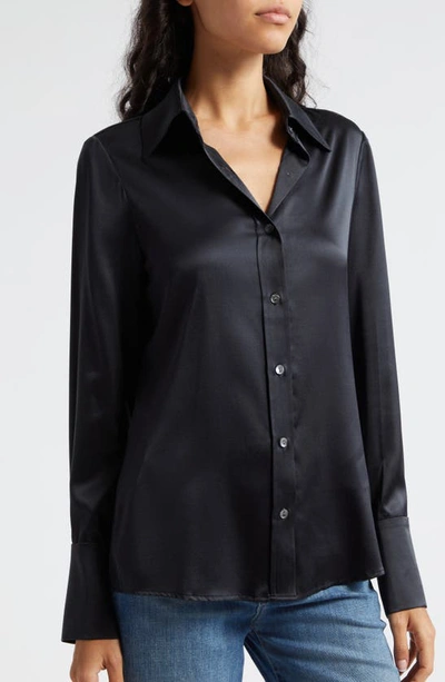 Shop Ramy Brook Victoria Stretch Silk Satin Button-up Blouse In Black