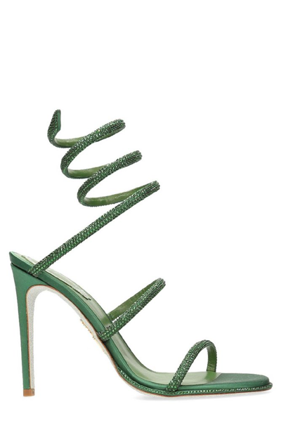 Shop René Caovilla Embellished Spiral Strap Heeled Sandals In Green