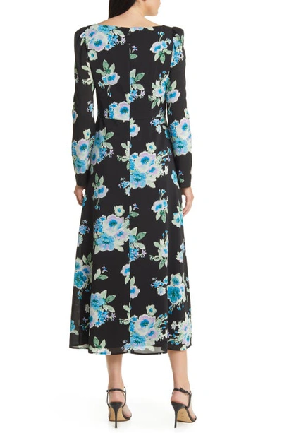 Shop Charles Henry Floral Print Ruffle Long Sleeve Midi Dress In Black Floral