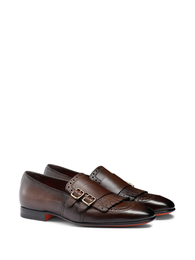 Shop Santoni Loafer With Double Buckle And Fringe In Dark Brown