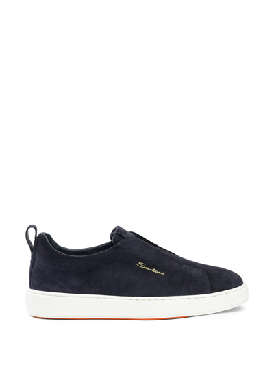 Shop Santoni Slip-on Sneakers In Suede And Rubber Sole In Blue