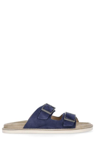 Shop Brunello Cucinelli Double-buckle Fastened Open-toe Slides In Blue