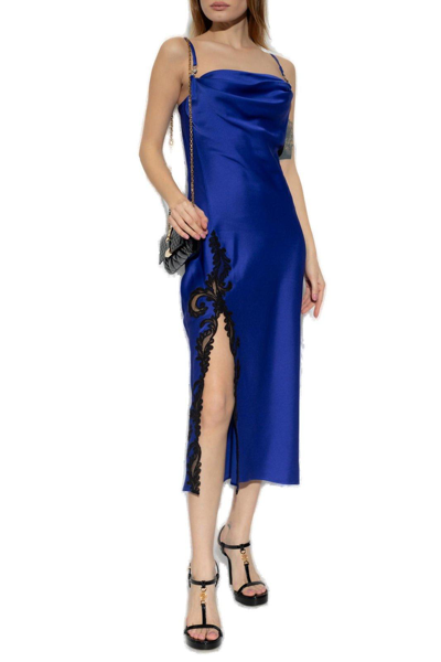 Shop Versace Lace-detailed Sleeveless Dress In Sapphire