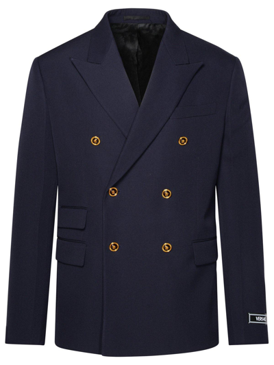 Shop Versace Double-breasted Tailored Blazer In Blue