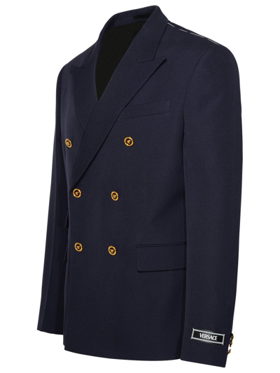 Shop Versace Double-breasted Tailored Blazer In Blue
