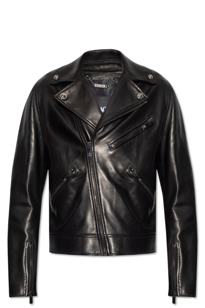 Shop Versace Zip-up Leather Biker Jacket In Black