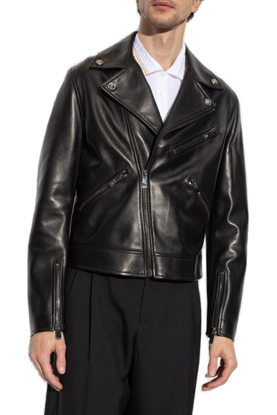 Shop Versace Zip-up Leather Biker Jacket In Black