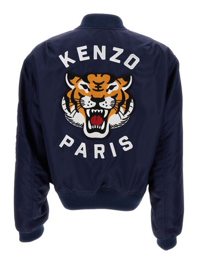 Shop Kenzo Blue Bomber Jacket With Lucky Tiger Patch In Polyamide Woman