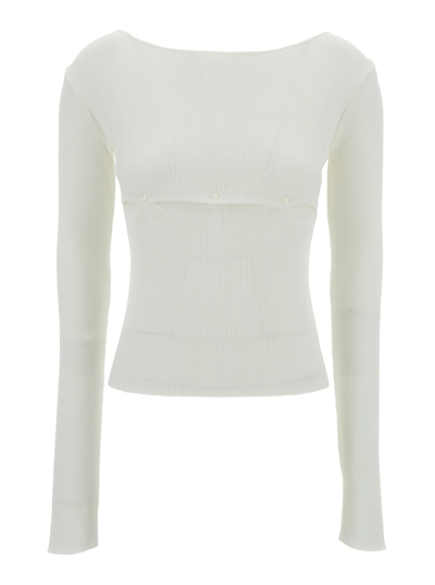 Shop Low Classic White Ribbed Top With Boat Neckline And Buttons In Rayon Blend Woman