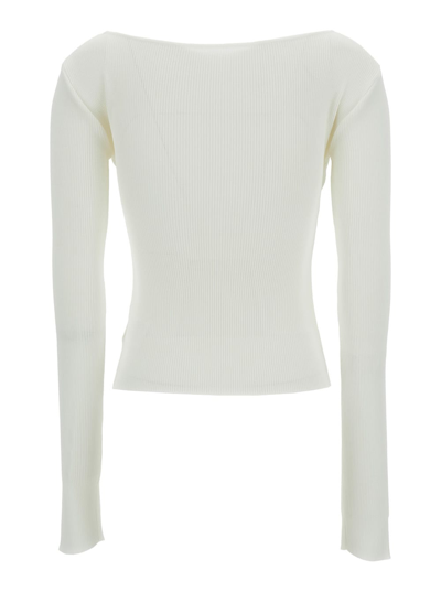 Low Classic White Ribbed Top With Boat Neckline And Buttons In Rayon Blend Woman In White