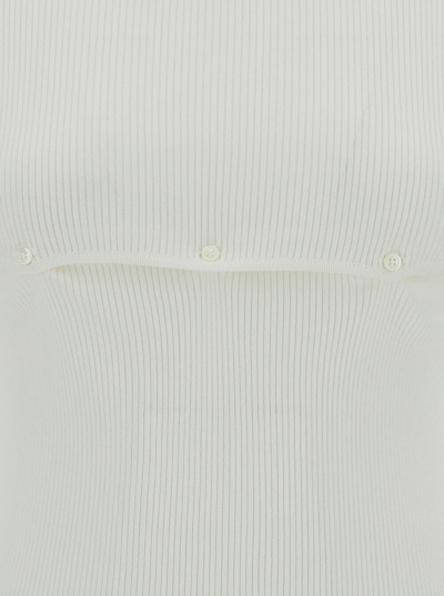 Low Classic White Ribbed Top With Boat Neckline And Buttons In Rayon Blend Woman In White