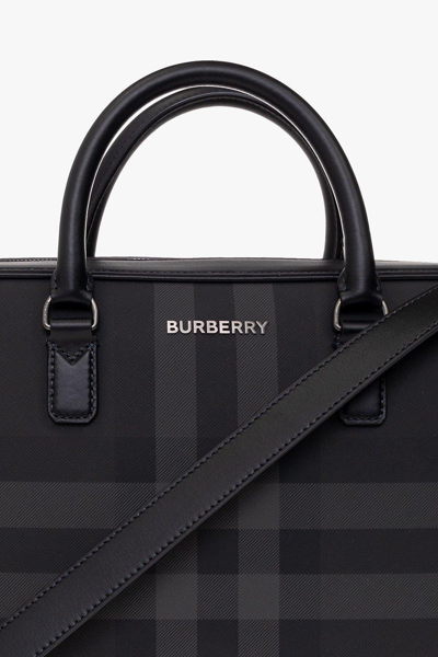 Shop Burberry Check Pattern Logo Plaque Briefcase In Grigio
