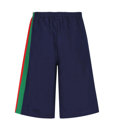 Shop Gucci Logo Embroidered Striped Shorts In Light Blue