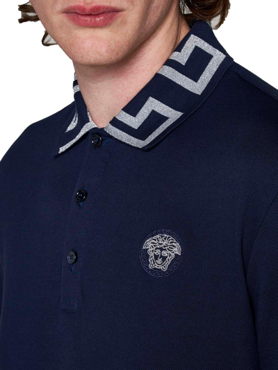 Shop Versace Medusa Embroidered Polo Shirt In Blu