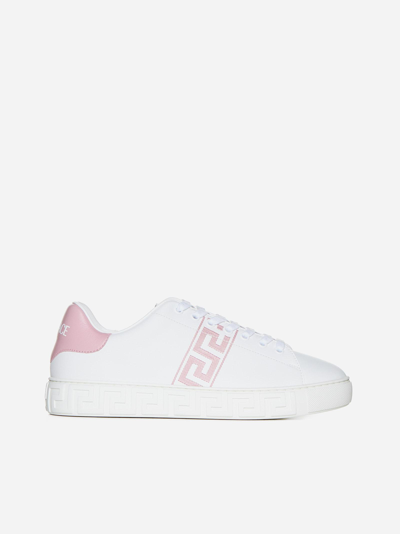 Shop Versace Greca Faux Leather Sneakers In Bianco