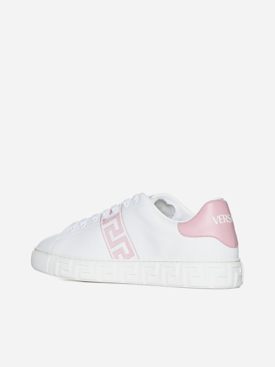 Shop Versace Greca Faux Leather Sneakers In Bianco
