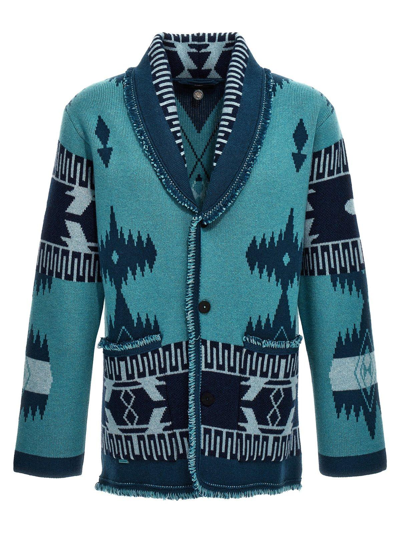 Shop Alanui Icon Pattern Jacquard Fringed Detailed Cardigan In Blu