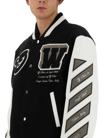 Shop Off-white Lea Appliqu Ong-sleeved Varsity Jacket In Nero