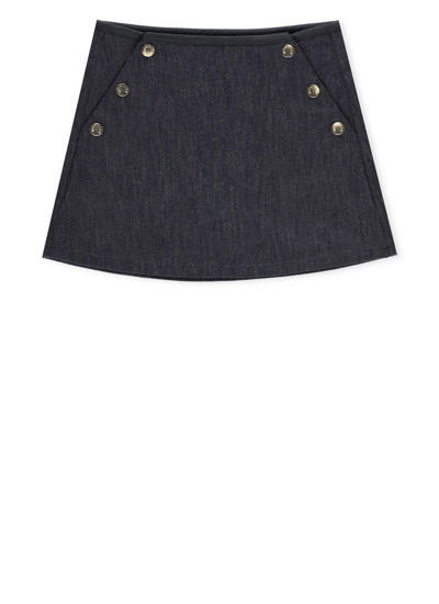 Shop Moncler Logo Patch Mini Denim Skirt In Blu Denim